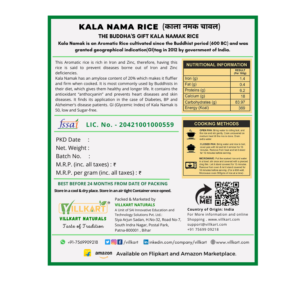 VILLKART NATURALS Pure Kala Namak Rice | Buddha Rice | Rare Ancient Aromatic | Diabetic Friendly