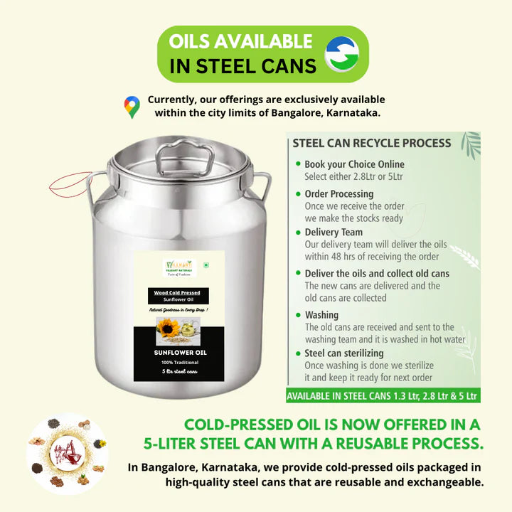 Cold Pressed Oil in reusable Steel - Sunflower (1.3 liters, 2.8 liters, and 5 liters)