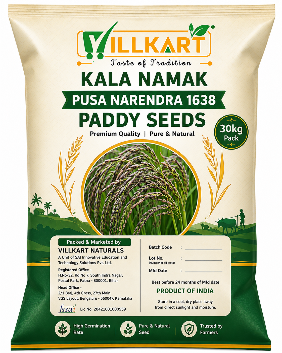 Kala Namak Paddy Seeds for Farming  I 30kg - Big Pack