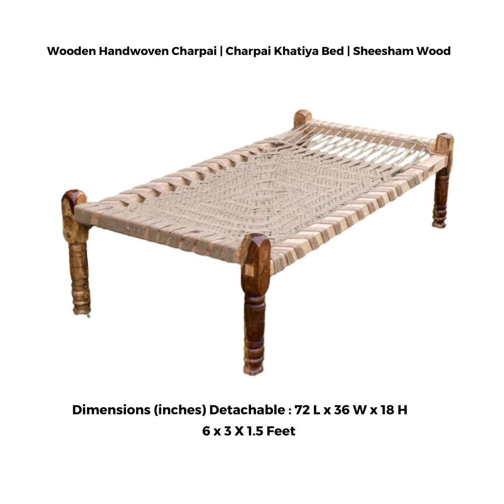 Wooden Handwoven Charpai | Charpai Khatiya Bed | Sheesham Wood | Khatiya - Cot | 6 x 3 X 1.5 feet