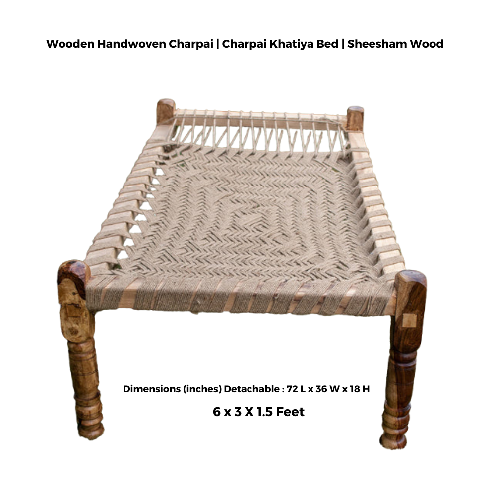 Wooden Handwoven Charpai | Charpai Khatiya Bed | Sheesham Wood | Khatiya - Cot | 6 x 3 X 1.5 feet